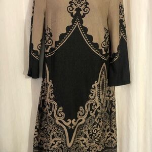 Black and Gold Sheath Dress with 3/4 Sleeves by ECI. Elegant patterned dress!